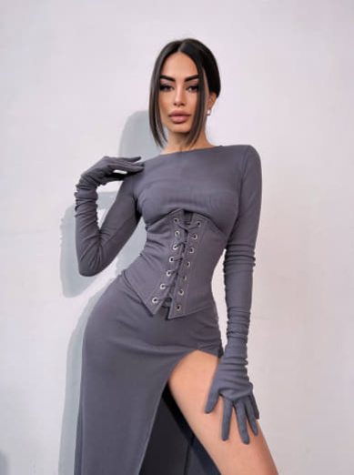 Комплект: трикотажне плаття- міді + корсет + рукавички | PUSHKA SHOP