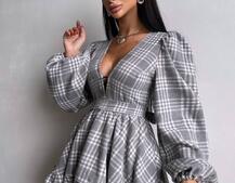 Сукня з подвійною спідницею та обʼємними рукавами у клітинку  | PUSHKA SHOP