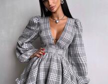 Сукня з подвійною спідницею та обʼємними рукавами у клітинку  | PUSHKA SHOP