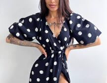 Платье миди в горох с запахом и объемными рукавами  Платье миди в горох с запахом и объемными рукавами  | PUSHKA SHOP