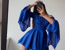 Шифонова сукня на підкладці з розкльошеними рукавами з асиметричною спідницею + корсет декорований стразами Ручна робота! | PUSHKA SHOP