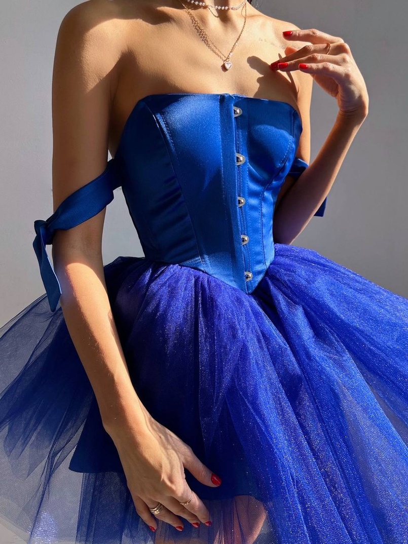 Атласна корсетна сукня міні з гачками та пишною фатиновою спідницею  | PUSHKA SHOP