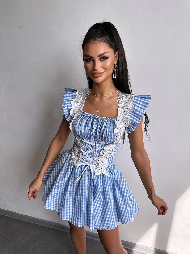 Сукня в клітинку декорована мереживом  | PUSHKA SHOP