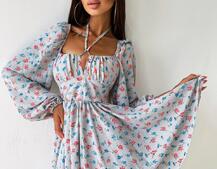 Цветочное платье с пышной юбкой и завязками на груди Цветочное платье с пышной юбкой и завязками на груди | PUSHKA SHOP