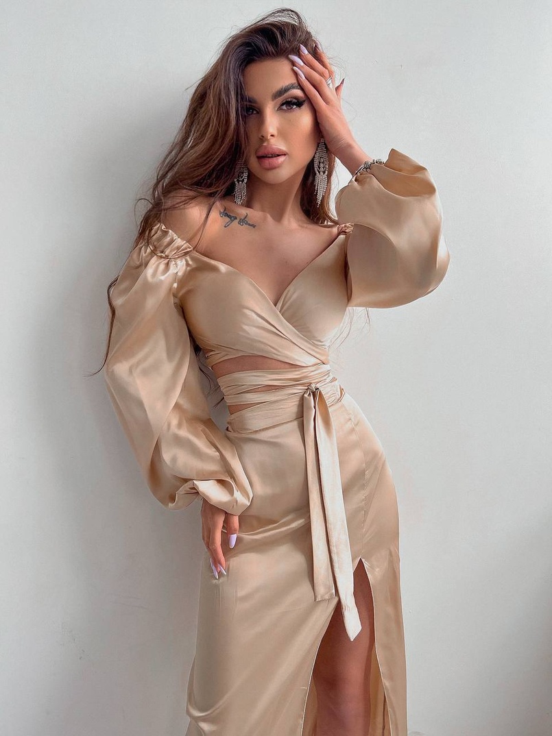 Шелковый комплект: топ с завязками на талии + юбка миди с разрезом  | PUSHKA SHOP