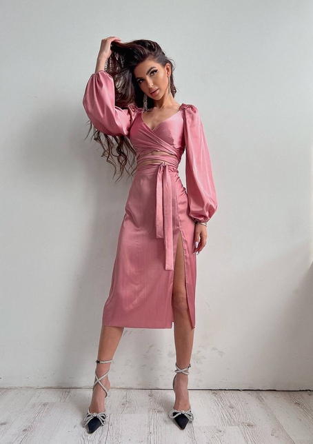 Шелковый комплект: топ с завязками на талии + юбка миди с разрезом  | PUSHKA SHOP