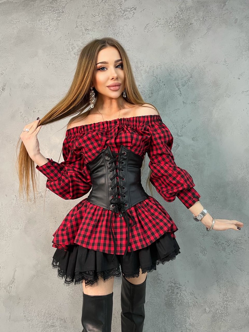 Хлопковое платье в клетку с подъюбником и корсетом из эко-кожи Хлопковое платье в клетку с подъюбником и корсетом из эко-кожи | PUSHKA SHOP