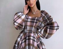 Корсетна сукня з подвійною спідницею та обʼємними рукавами у клітинку Корсетна сукня з подвійною спідницею та обʼємними рукавами у клітинку | PUSHKA SHOP