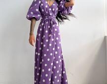 Платье миди в горох с запахом и объемными рукавами  | PUSHKA SHOP