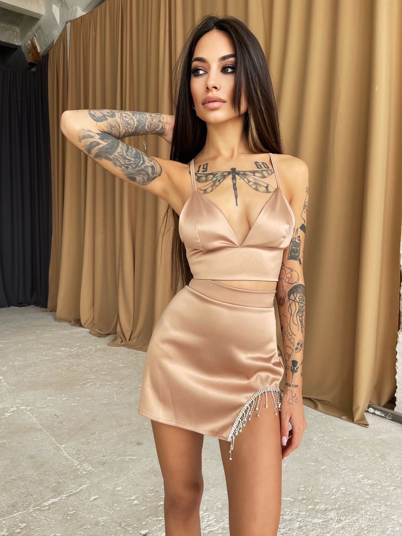 Комплект: топ + юбка, декорированная бахромой из страз  | PUSHKA SHOP