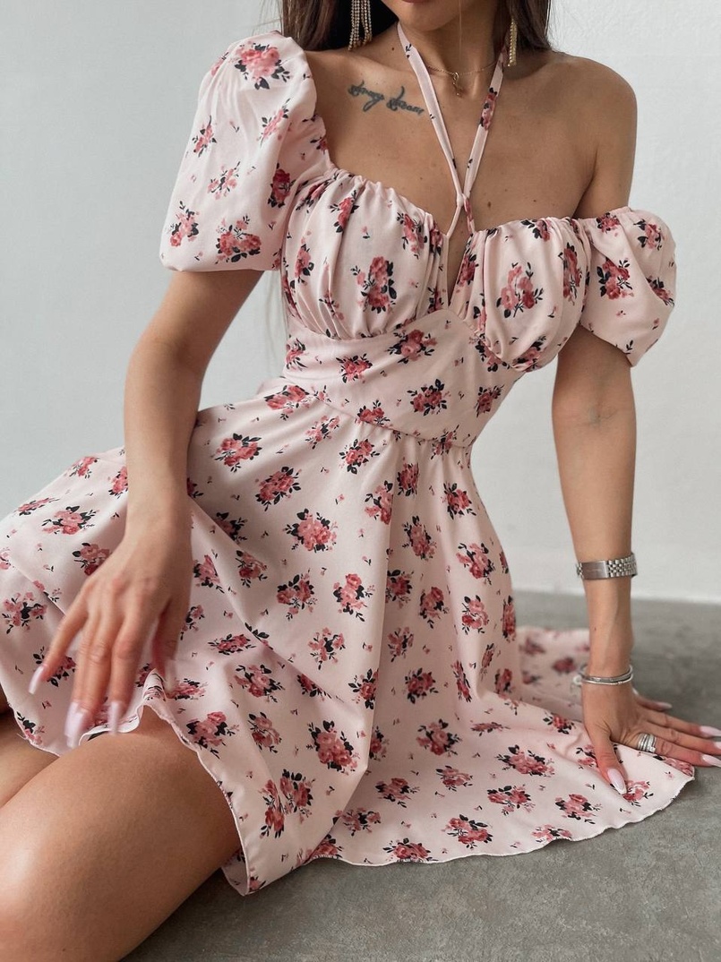 Платье с завязками на груди в цветочный принт | PUSHKA SHOP