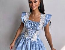 Сукня в клітинку декорована мереживом  | PUSHKA SHOP