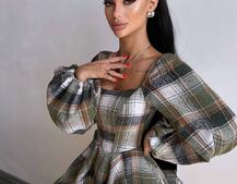 Корсетна сукня з подвійною спідницею та обʼємними рукавами у клітинку  | PUSHKA SHOP