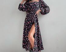 Цветочное платье-миди со шнуровкой на спинке и разрезом на ножке  Цветочное платье-миди со шнуровкой на спинке и разрезом на ножке  | PUSHKA SHOP