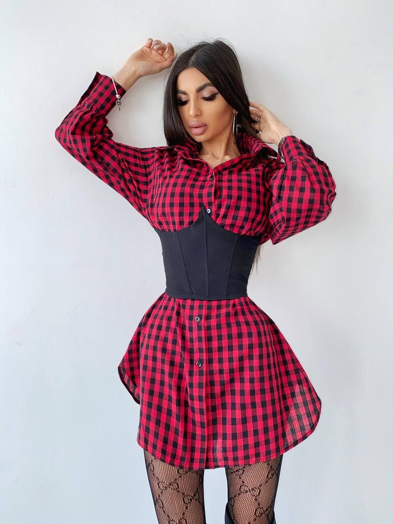 Платье-рубашка в клетку с корсетом на косточках со шнуровкой Платье-рубашка в клетку с корсетом на косточках со шнуровкой | PUSHKA SHOP