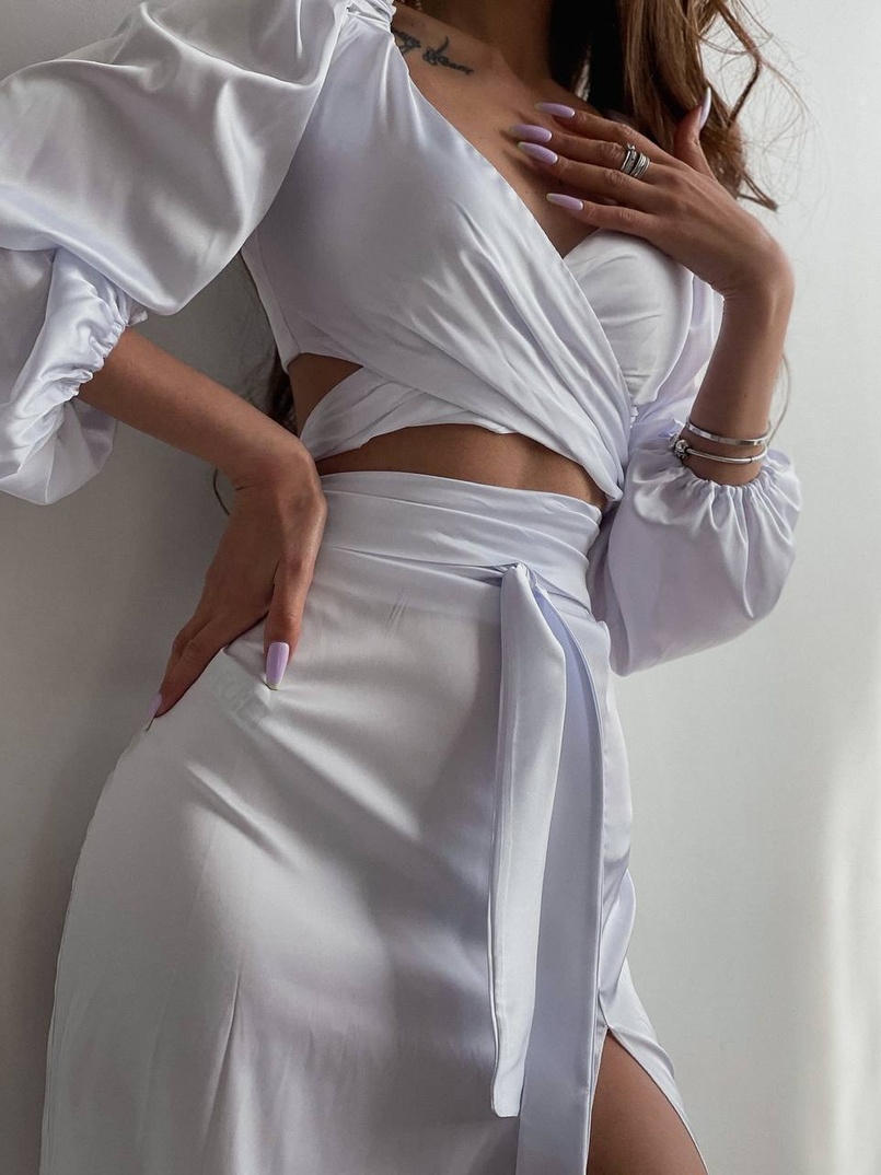 Шелковый комплект: топ с завязками на талии + юбка миди с разрезом  | PUSHKA SHOP