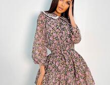 Шифоновое платье с воротничком и подъюбником, декорированным кружевом Шифоновое платье с воротничком и подъюбником, декорированным кружевом | PUSHKA SHOP