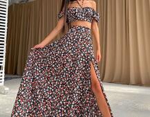 Цветочный комплект: топ с завязками на груди + юбка-макси с разрезом  | PUSHKA SHOP