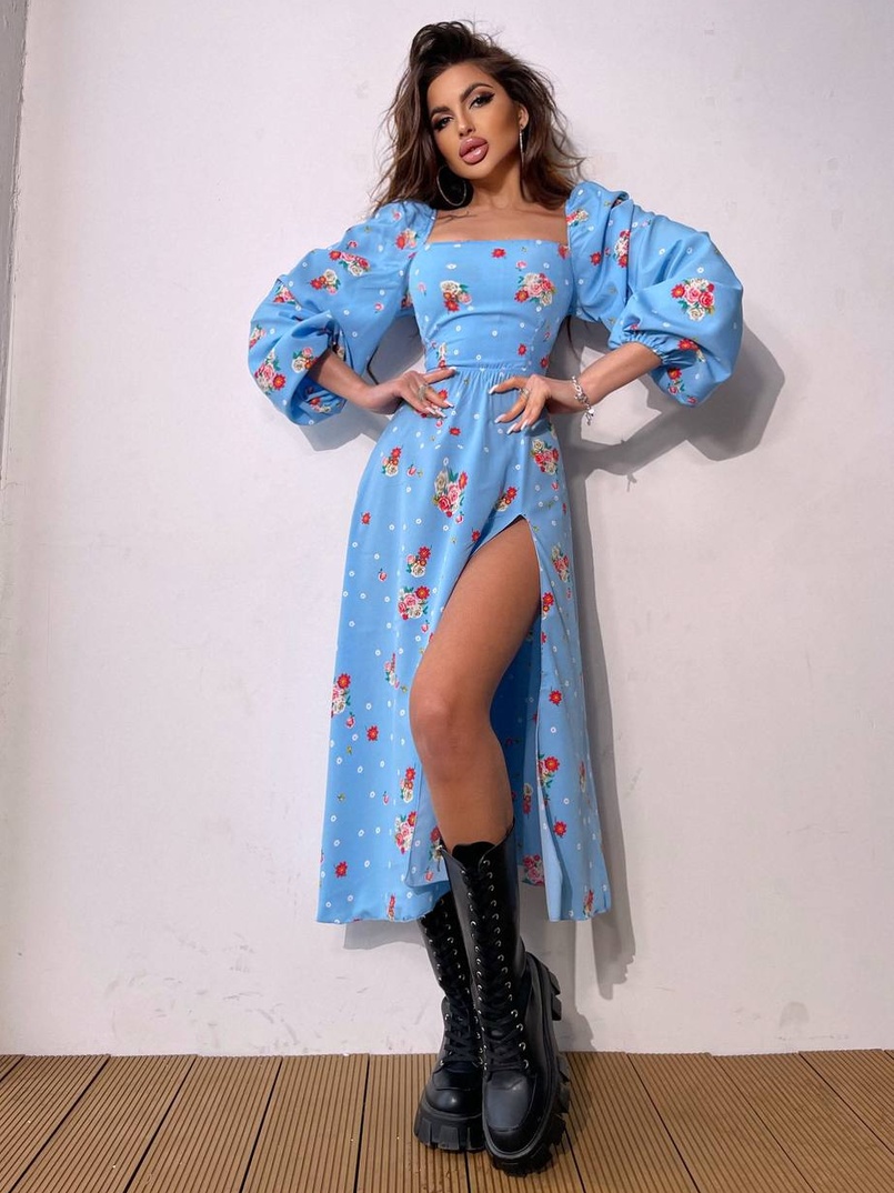 Квіткова сукня-міді зі шнурівкою на спинці та розрізом на ніжці | PUSHKA SHOP