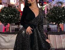 Комбинированное блестящее платье с запахом на груди Комбинированное блестящее платье с запахом на груди | PUSHKA SHOP