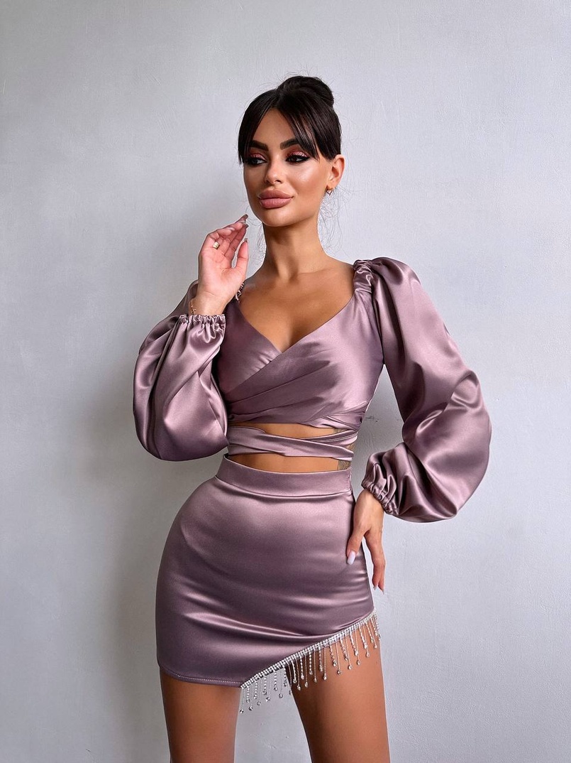 Атласний комплект, декорований бахромою зі страз | PUSHKA SHOP