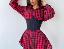 Платье-рубашка в клетку с корсетом на косточках со шнуровкой Платье-рубашка в клетку с корсетом на косточках со шнуровкой | PUSHKA SHOP