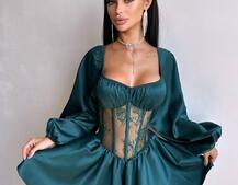 Атласна сукня з обʼємними рукавами та мереживом Атласна сукня з обʼємними рукавами та мереживом | PUSHKA SHOP