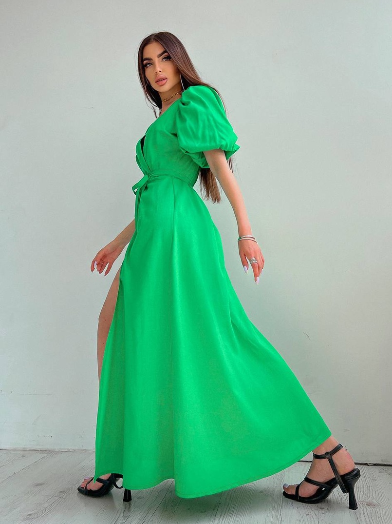 Льняное платье-миди с запахом и объемными рукавами  | PUSHKA SHOP