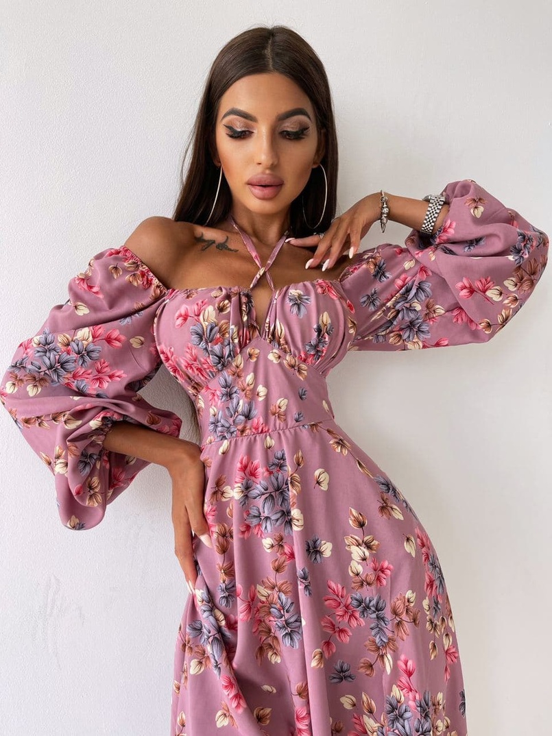 Цветочное платье миди с завязками на груди  | PUSHKA SHOP