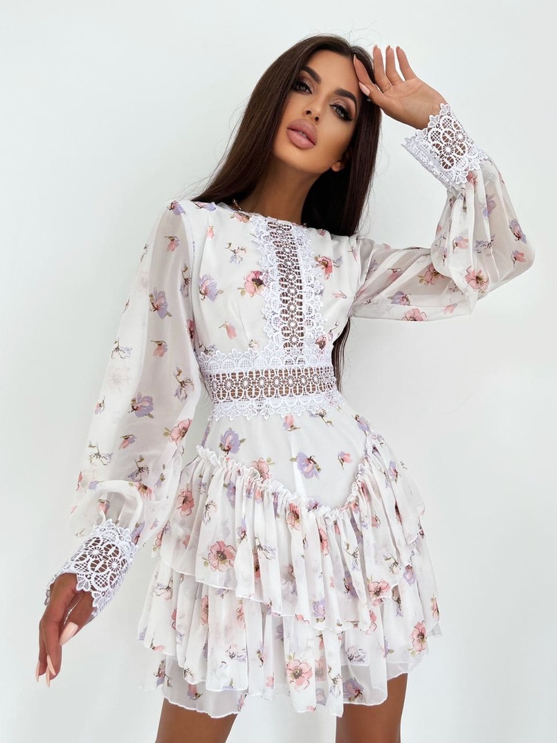 Ассиметричное шифоновое платье декорированное кружевом   | PUSHKA SHOP