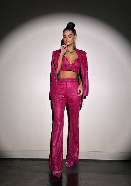 Костюм: піджак на підкладці, штани кльош+ топ з чашечками | PUSHKA SHOP