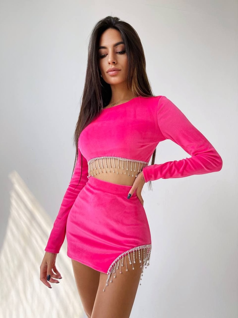 Оксамитовий комплект, декорований бахромою зі страз Оксамитовий комплект, декорований бахромою зі страз | PUSHKA SHOP