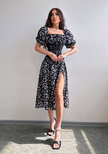 Сукня міді з розрізом в квітковий принт + прозорий корсет  | PUSHKA SHOP