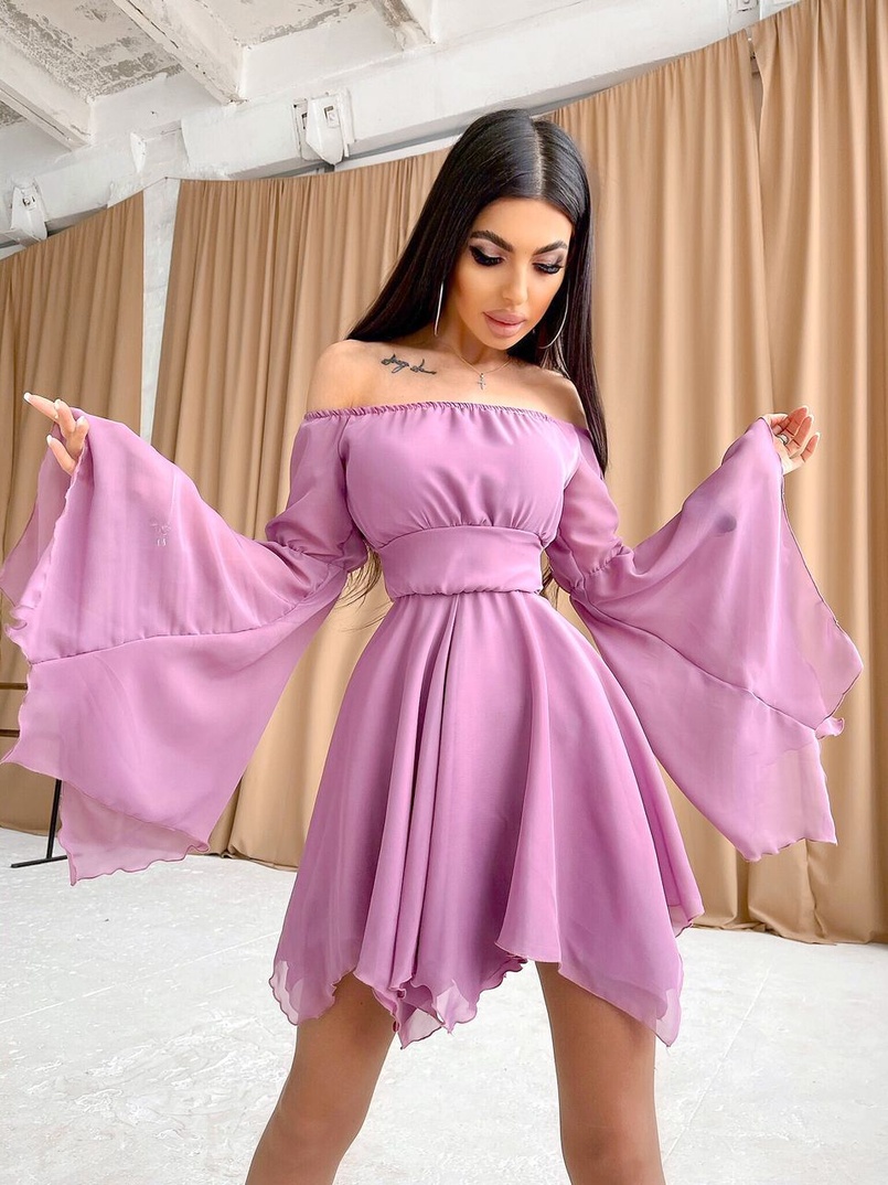 Шифоновое платье ассиметричного кроя с расклешенными рукавами + корсет декорированный стразами  | PUSHKA SHOP