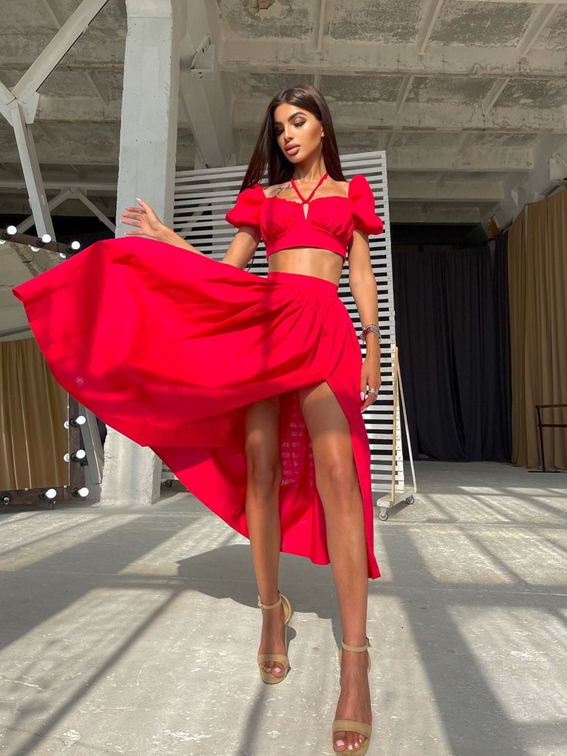 Комплект из хлопка: топ с завязками на груди + юбка-миди с разрезом  | PUSHKA SHOP