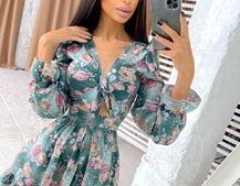 Цветочное платье с завязками на груди и пышной юбкой с оборками  | PUSHKA SHOP