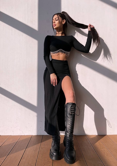 Комплект: спідниця з розрізом + топ, декорований бахромой зі страз | PUSHKA SHOP