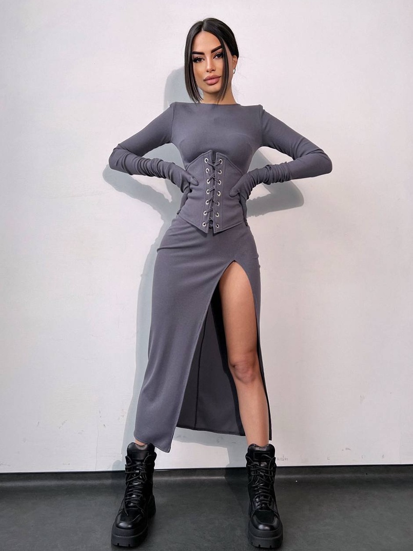 Комплект: трикотажне плаття- міді + корсет + рукавички | PUSHKA SHOP