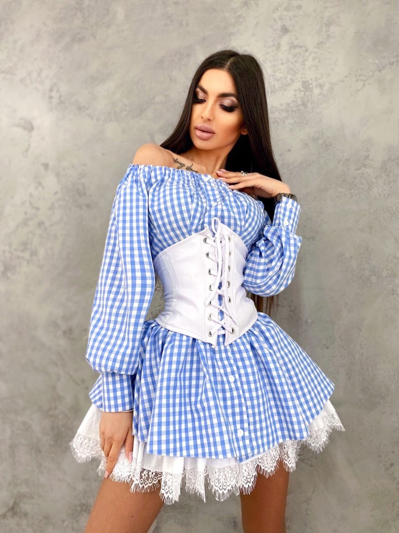 Хлопковое платье в клетку с подъюбником  и корсетом из эко-кожи | PUSHKA SHOP