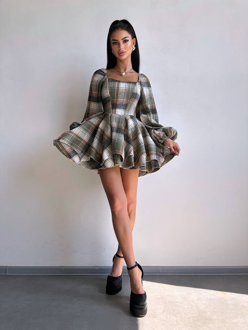 Корсетна сукня з подвійною спідницею та обʼємними рукавами у клітинку  | PUSHKA SHOP