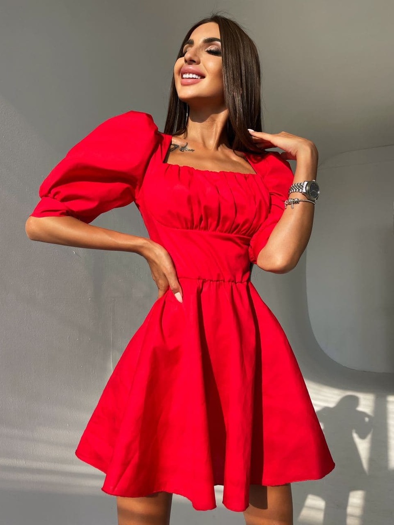 Платье с объемными рукавами из хлопка Платье с объемными рукавами из хлопка | PUSHKA SHOP