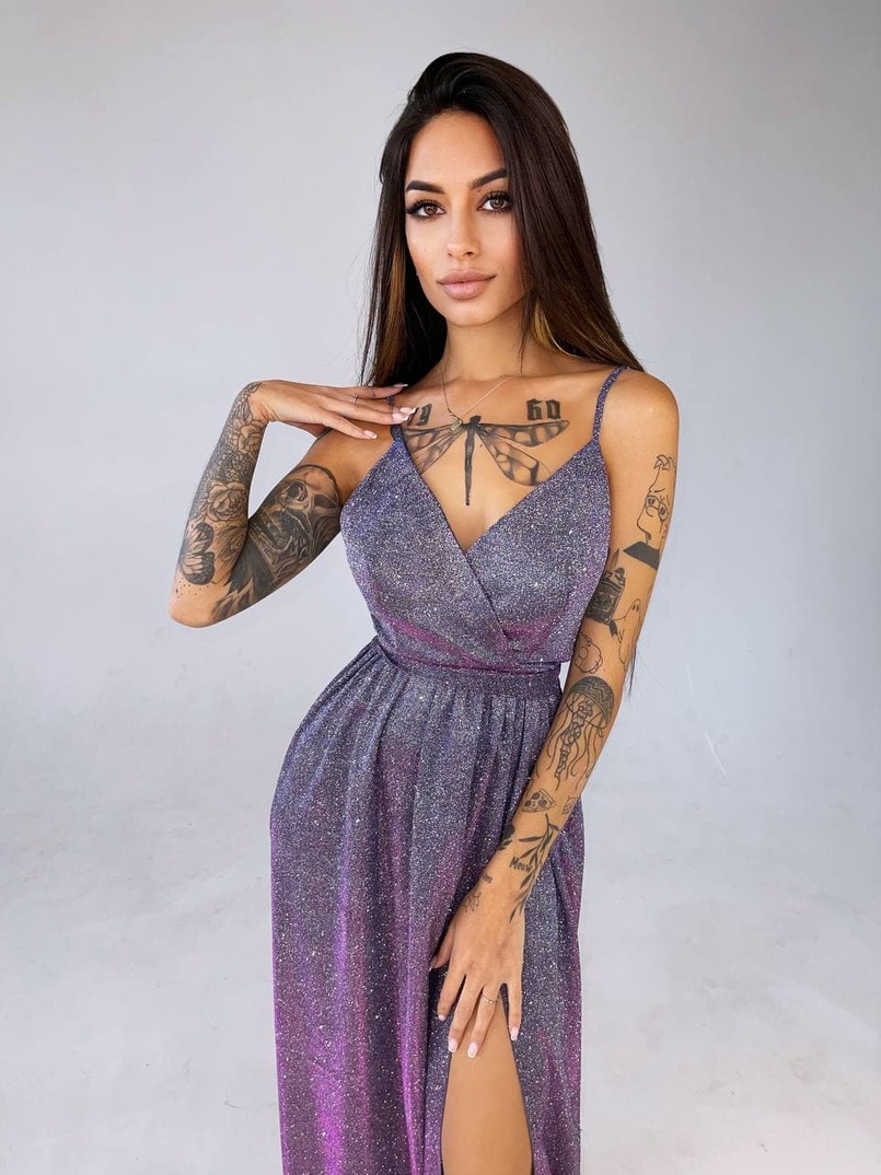 Блестящее платье-макси с разрезом   | PUSHKA SHOP