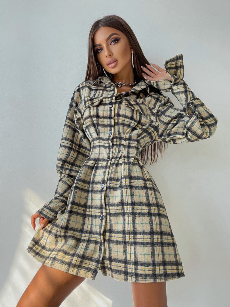 Кашемировое приталенное платье-рубашка в клетку | PUSHKA SHOP