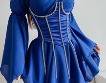 Шифонова сукня на підкладці з розкльошеними рукавами з асиметричною спідницею + корсет декорований стразами Ручна робота! | PUSHKA SHOP