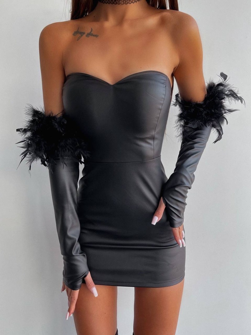 Сукня міні, декорована натуральними пір'ям | PUSHKA SHOP