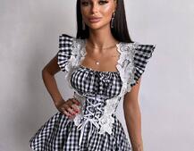 Сукня в клітинку декорована мереживом  | PUSHKA SHOP