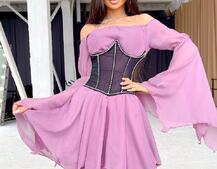 Шифоновое платье ассиметричного кроя с расклешенными рукавами + корсет декорированный стразами  | PUSHKA SHOP