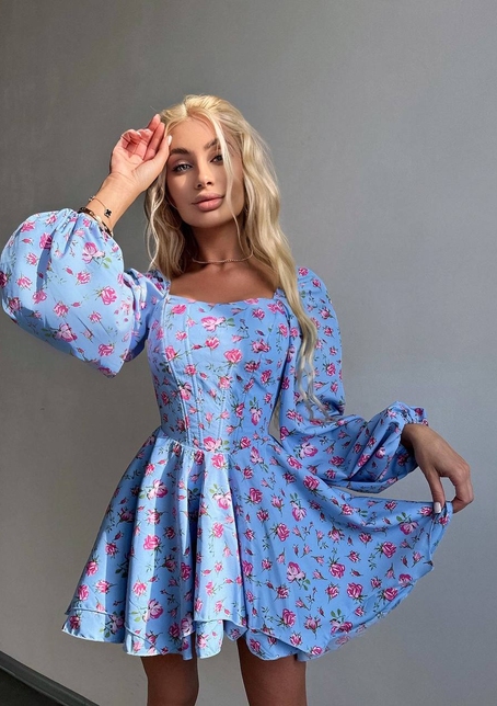 Сукня міні з квітковим принтом, корсетним верхом та подвійною спідницею  | PUSHKA SHOP
