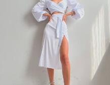 Шелковый комплект: топ с завязками на талии + юбка миди с разрезом  | PUSHKA SHOP