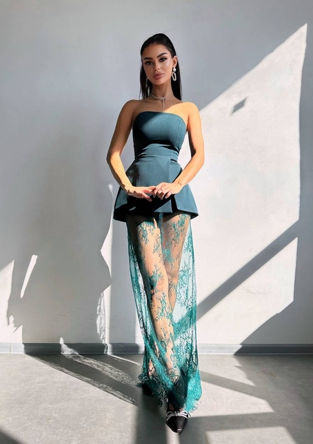 Комплект: піджак + блуза з баской + мереживна спідниця-шорти  | PUSHKA SHOP